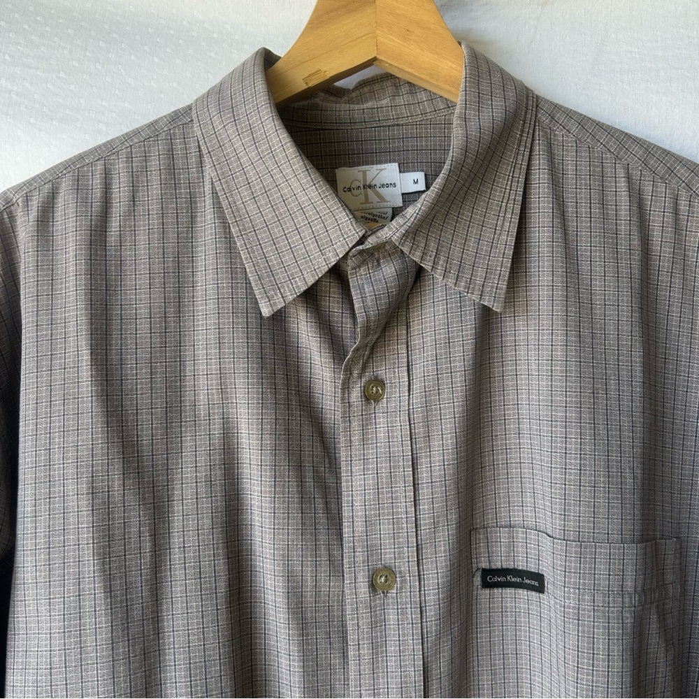 Calvin Klein Gray Casual Button Down Shirt with Subtle Grid Pattern
